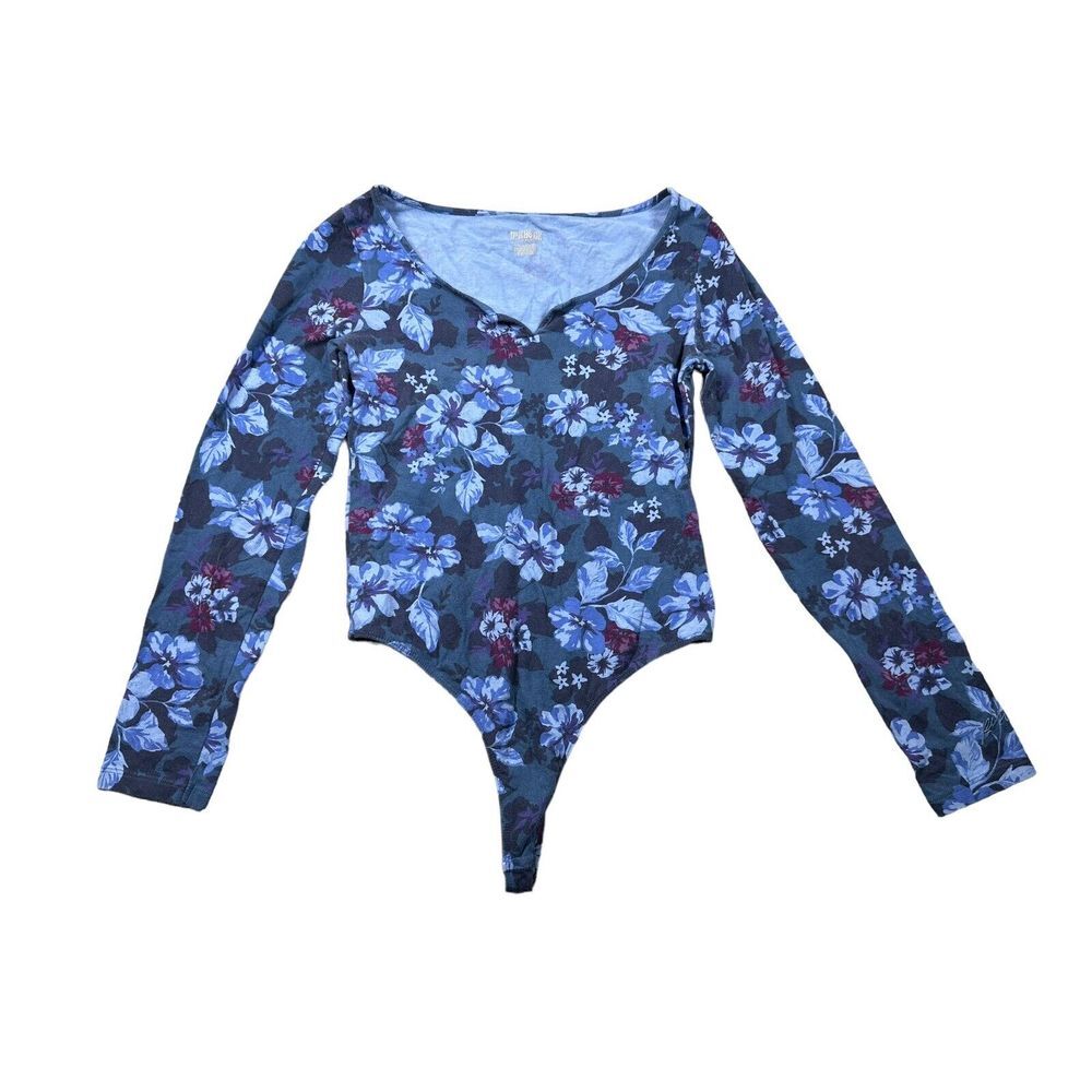 PINK Victoria's Secret Bodysuit‎ Size S Blue Floral Pattern Thong Long Sleeve